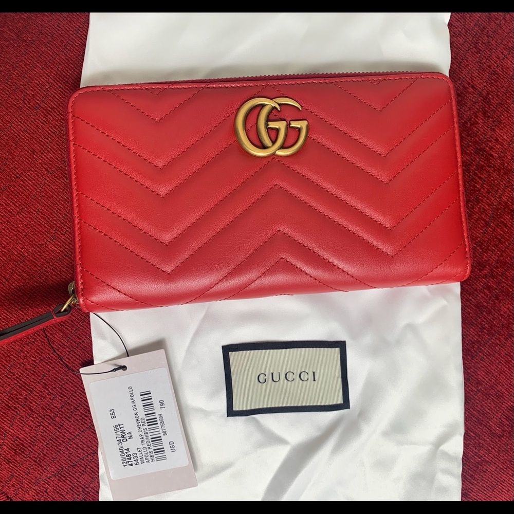 Gucci Apollo Chevron GG Marmont Red Leather Wallet